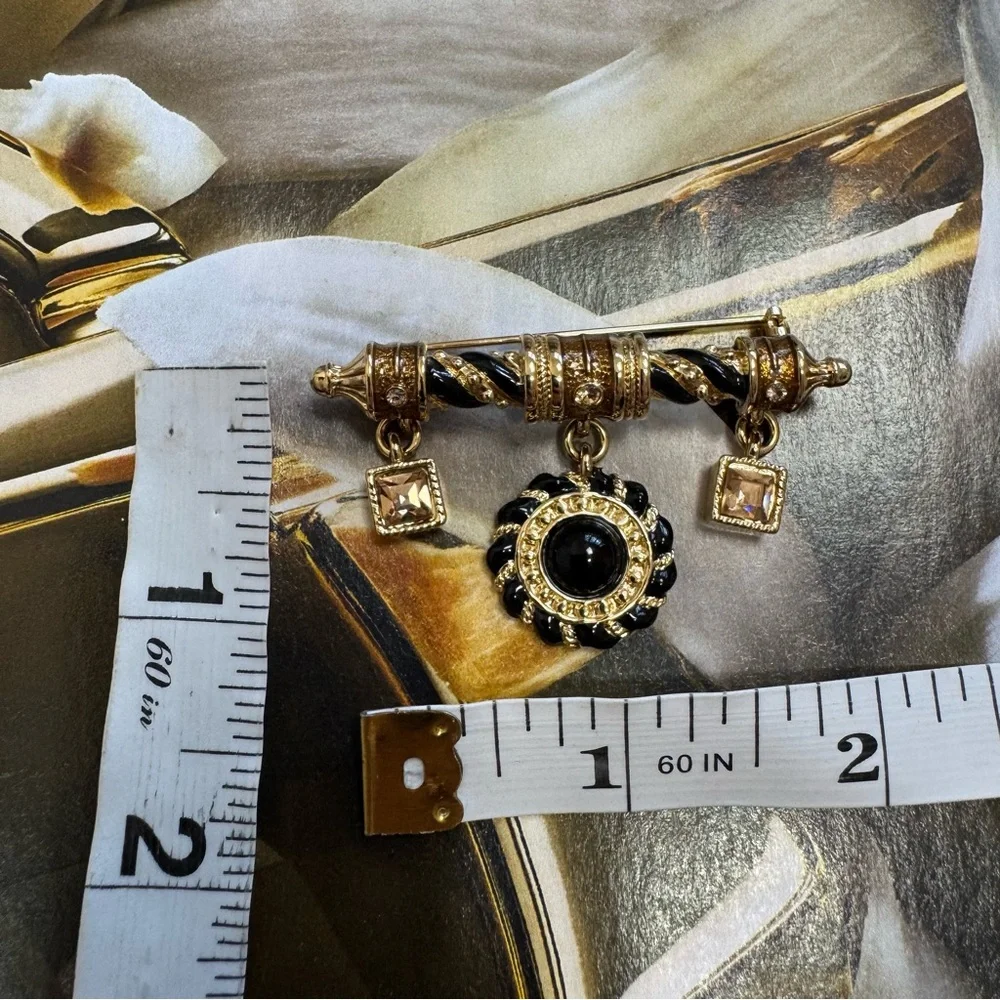 St John Vintage Black Enamel Gold Tone Bar Brooch Light Brown Crystal Charms 22k